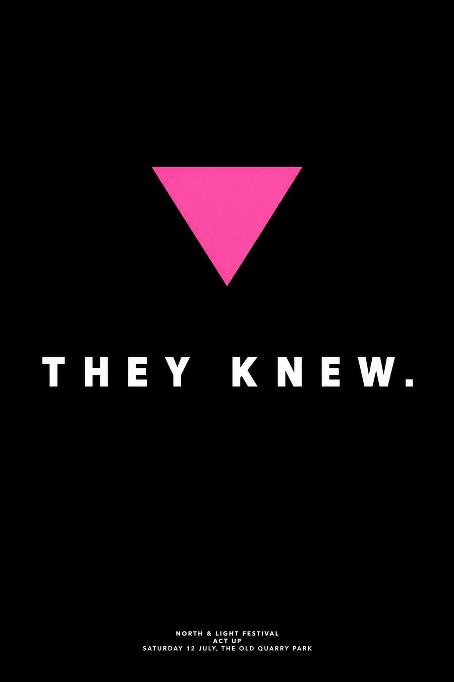 ACT UP: One accusation set in plain heavy type, on black, with a single graphic symbol.
