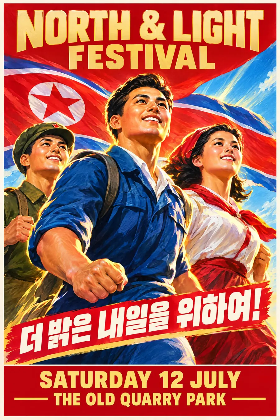 North Korean Propaganda: Saturated painted figures mid-stride, a rising diagonal, and colour turned past realism.