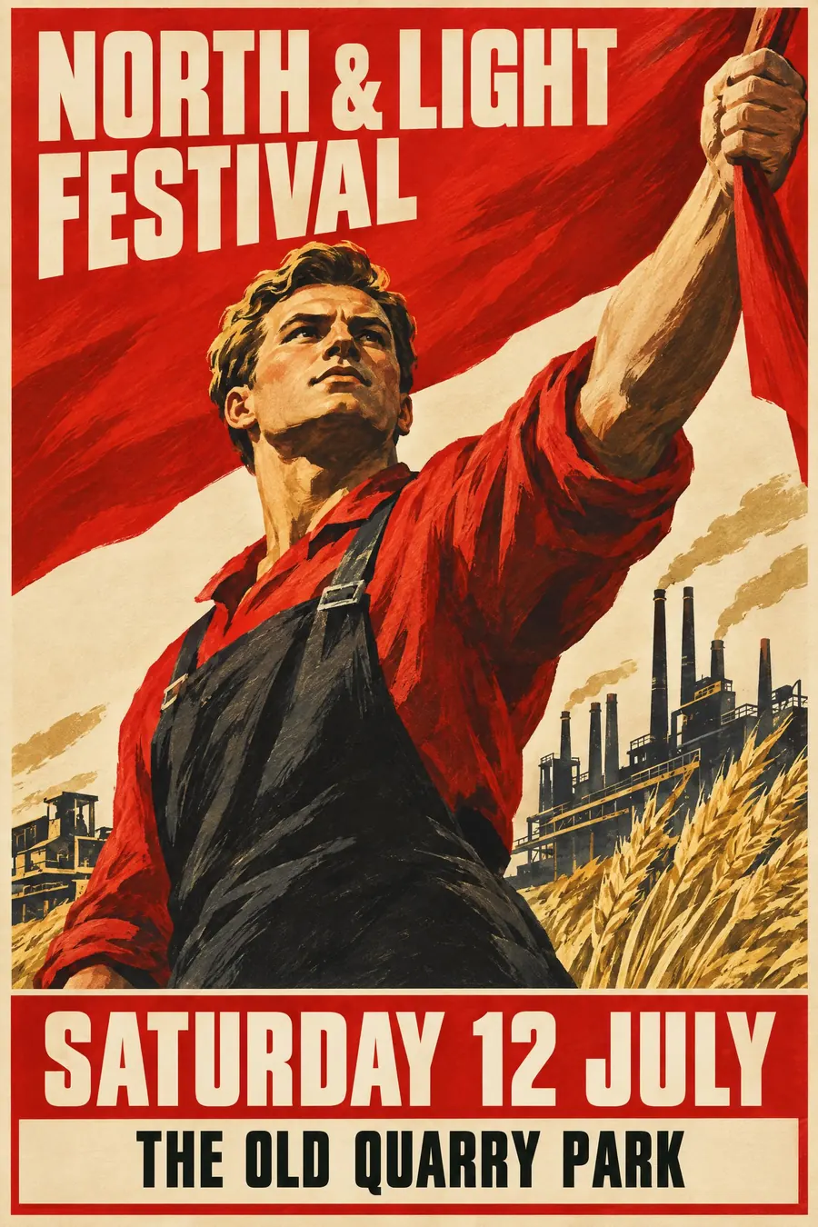 Soviet Propaganda: A heroic worker painted from below, red everywhere, and one shouted slogan.