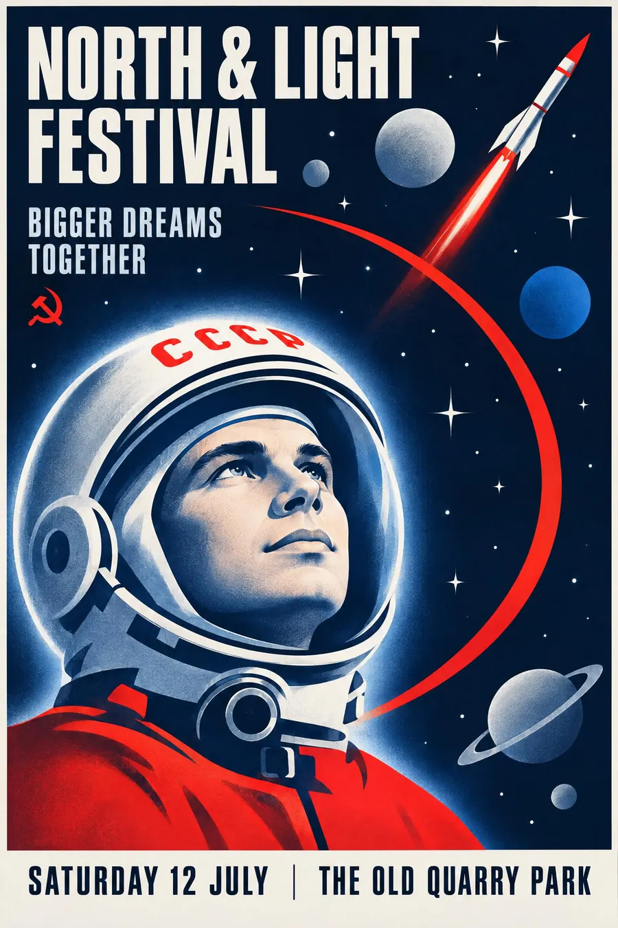 Soviet Space Programme: A cosmonaut against the stars, a red orbital arc, and an optimism about outer space.