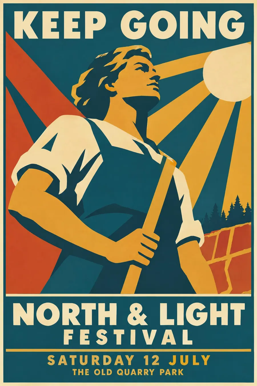 WPA New Deal: Bold flat silkscreen shapes, a confident diagonal, and a short instruction in friendly capitals.