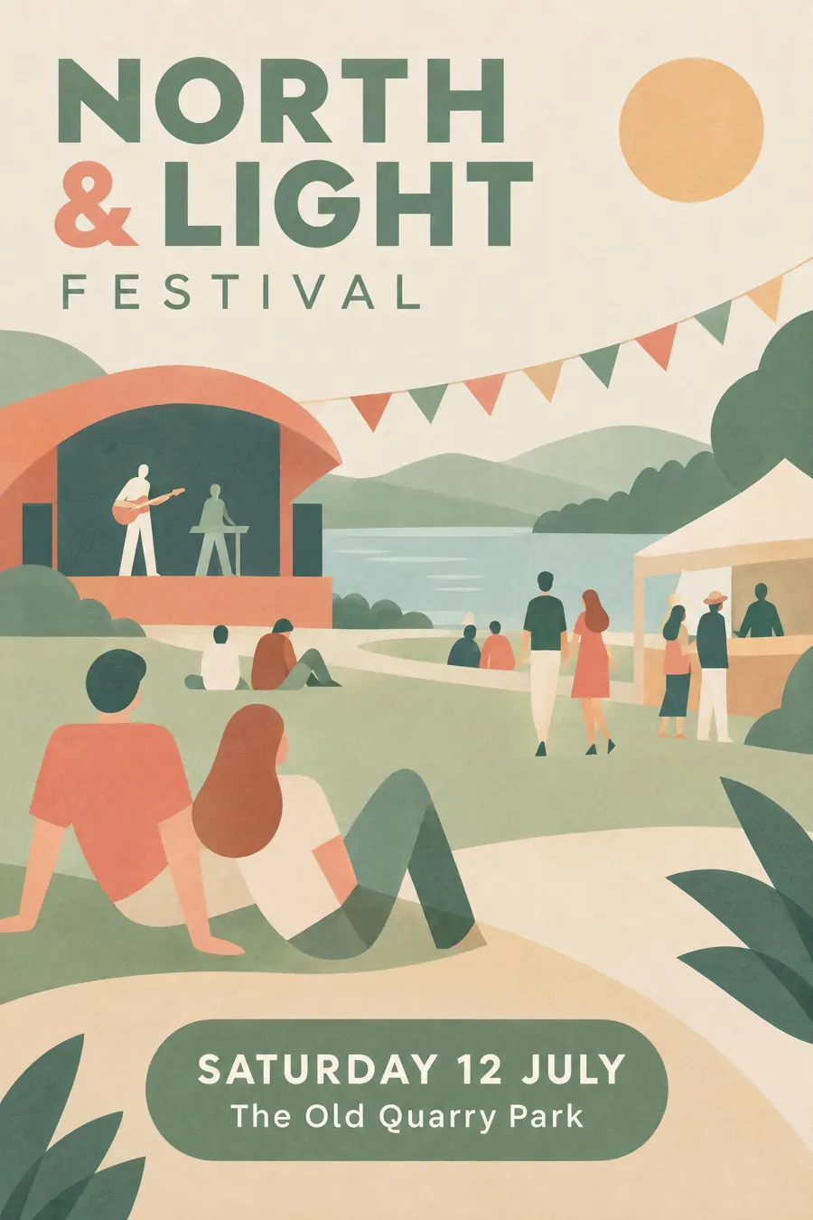 Contemporary Flat Illustration: Clean vector shapes, a soft modern palette, and figures simplified past anatomy.
