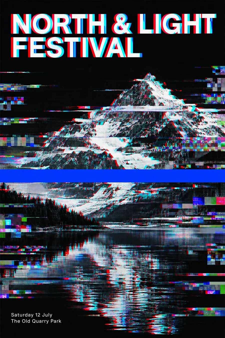 Glitch Art: An image breaking: channels shifted, scan lines displaced, blocks repeating where data was lost.