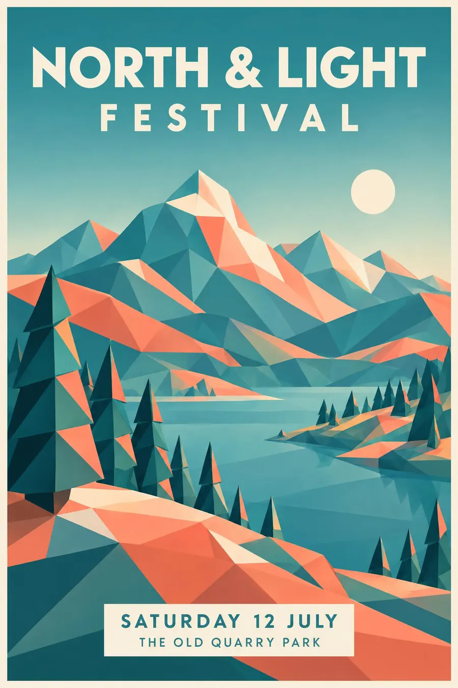 Low Poly: Everything made of flat triangles, each a single colour, with the facets clearly visible.