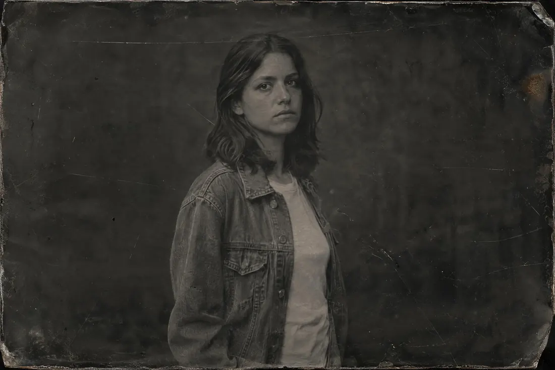 Tintype: A collodion positive on blackened iron: dark, flat, silvery, cut to size and scratched.