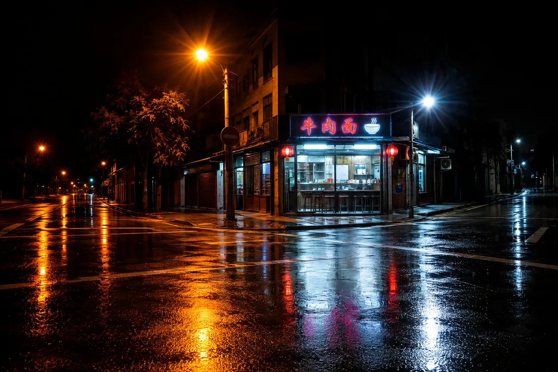 Night photography: A tripod, a long exposure, mixed street colour, and lamps which burn to white.