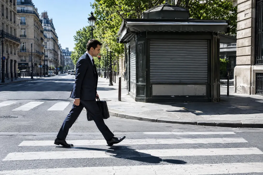 Street photography: A wide lens at one stride, everything sharp, and nobody looking at the camera.