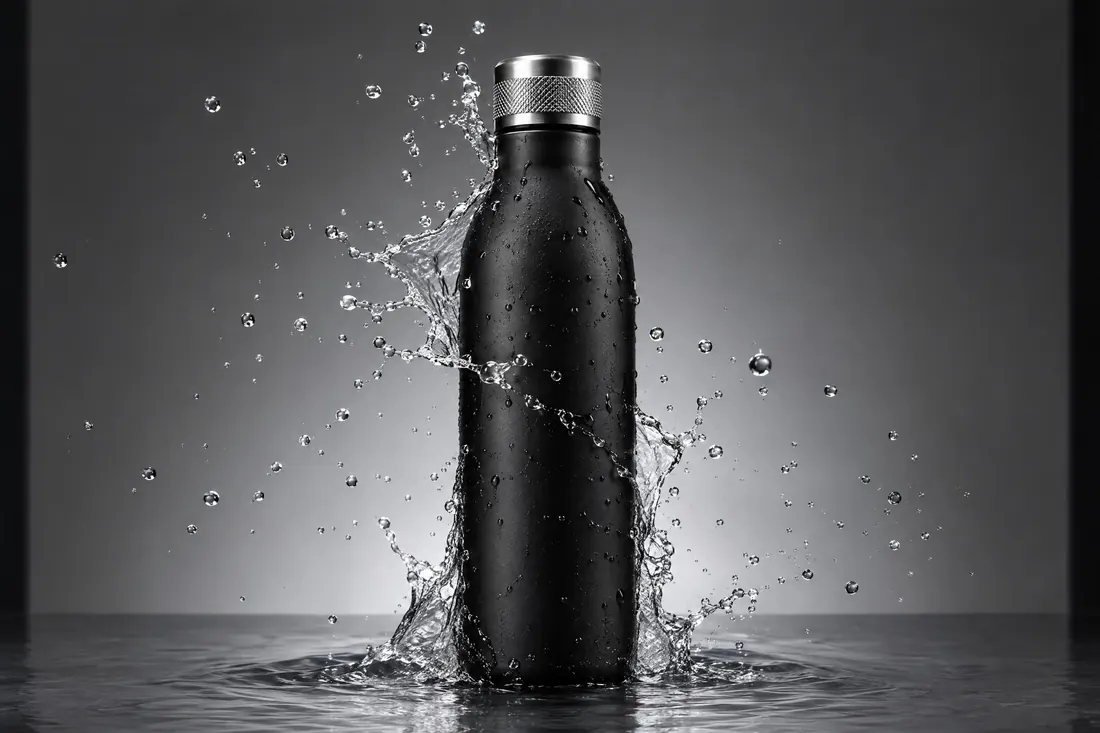Splash shot: Liquid caught in the air around the product and stopped dead.