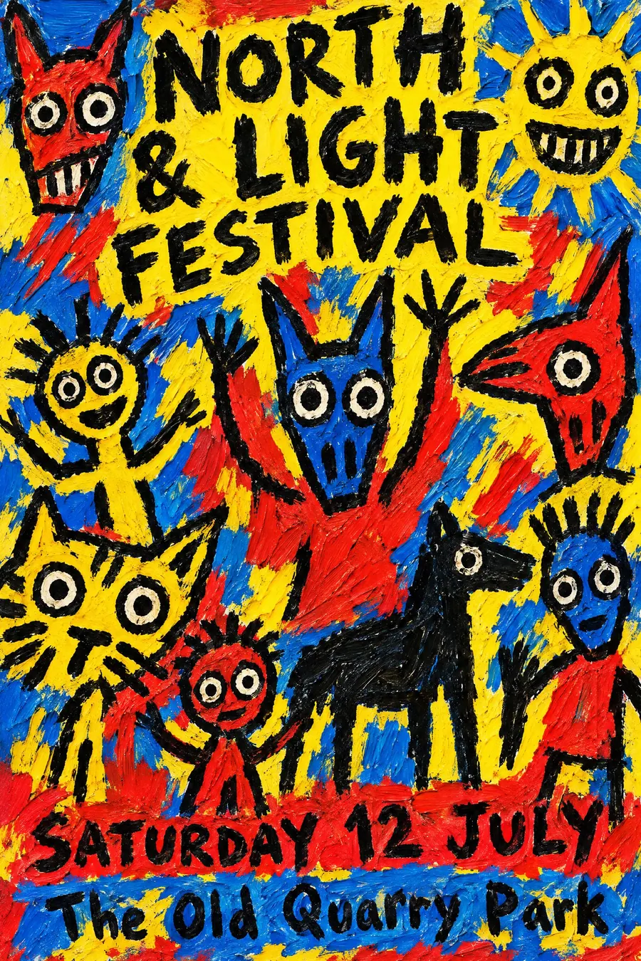 CoBrA: Thick raw brushwork, bright colour and figures drawn like a child would draw them.