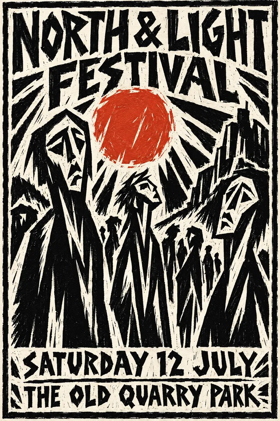 Expressionist Woodcut: Gouged black lines, angular distorted figures, and white where the knife took the block away.