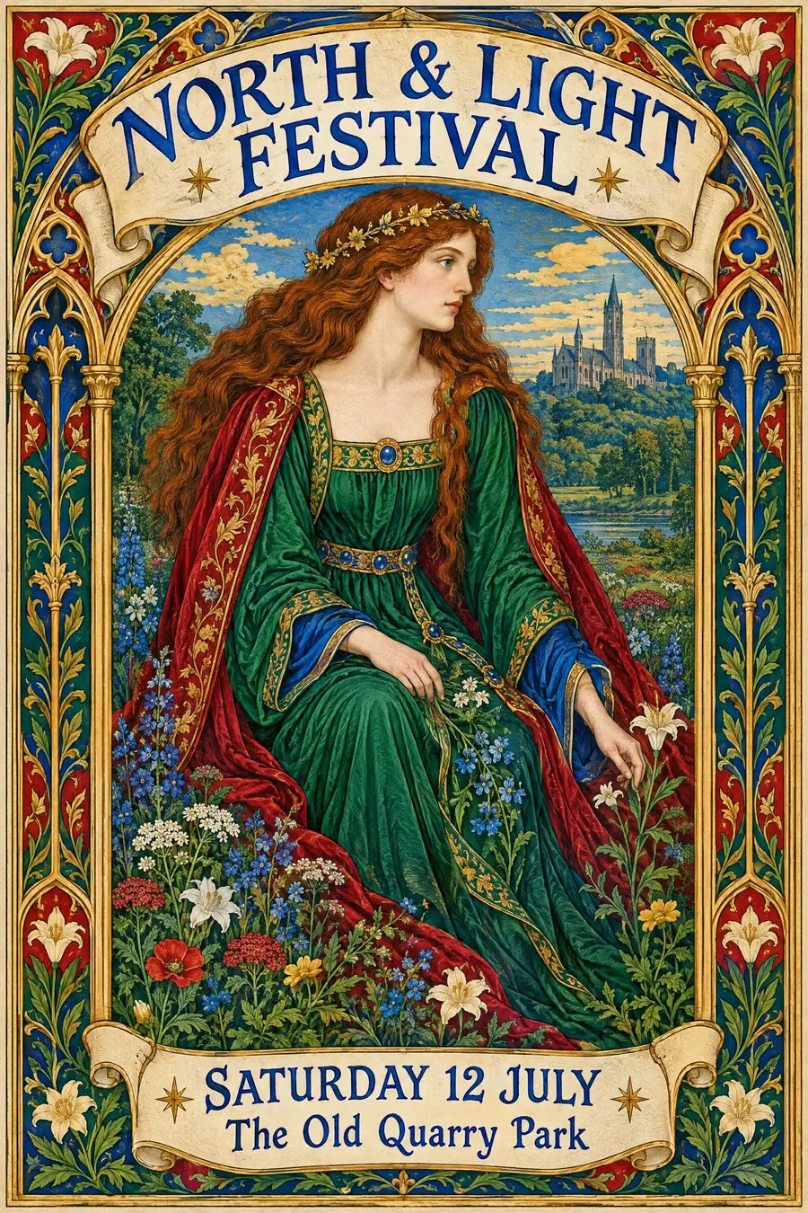Pre-Raphaelite Illustration: Jewel colour, medieval dress, and a figure looking somewhere sad and specific.