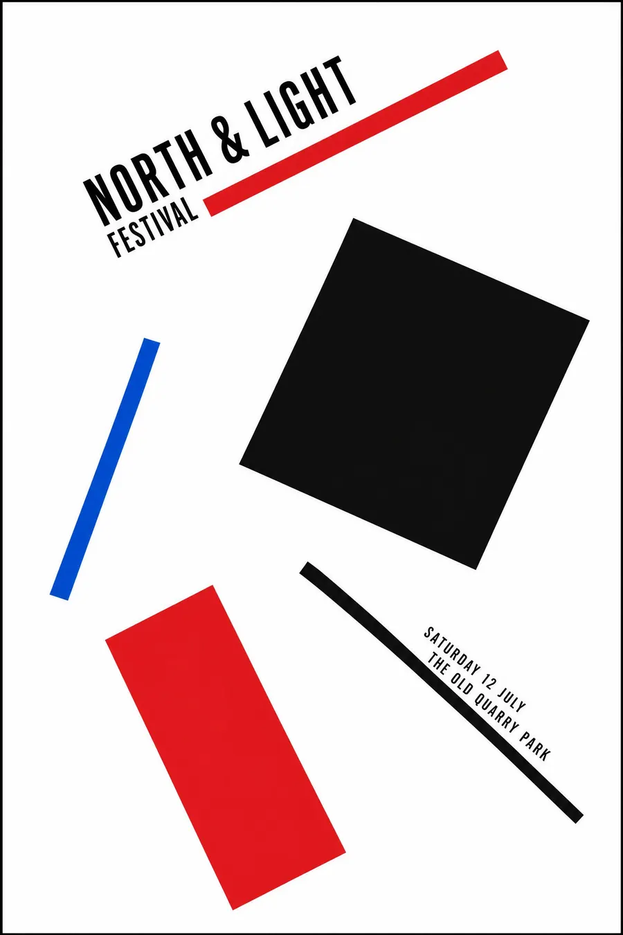 Suprematism: Flat geometric shapes floating on white, tilted, with nothing behind them.