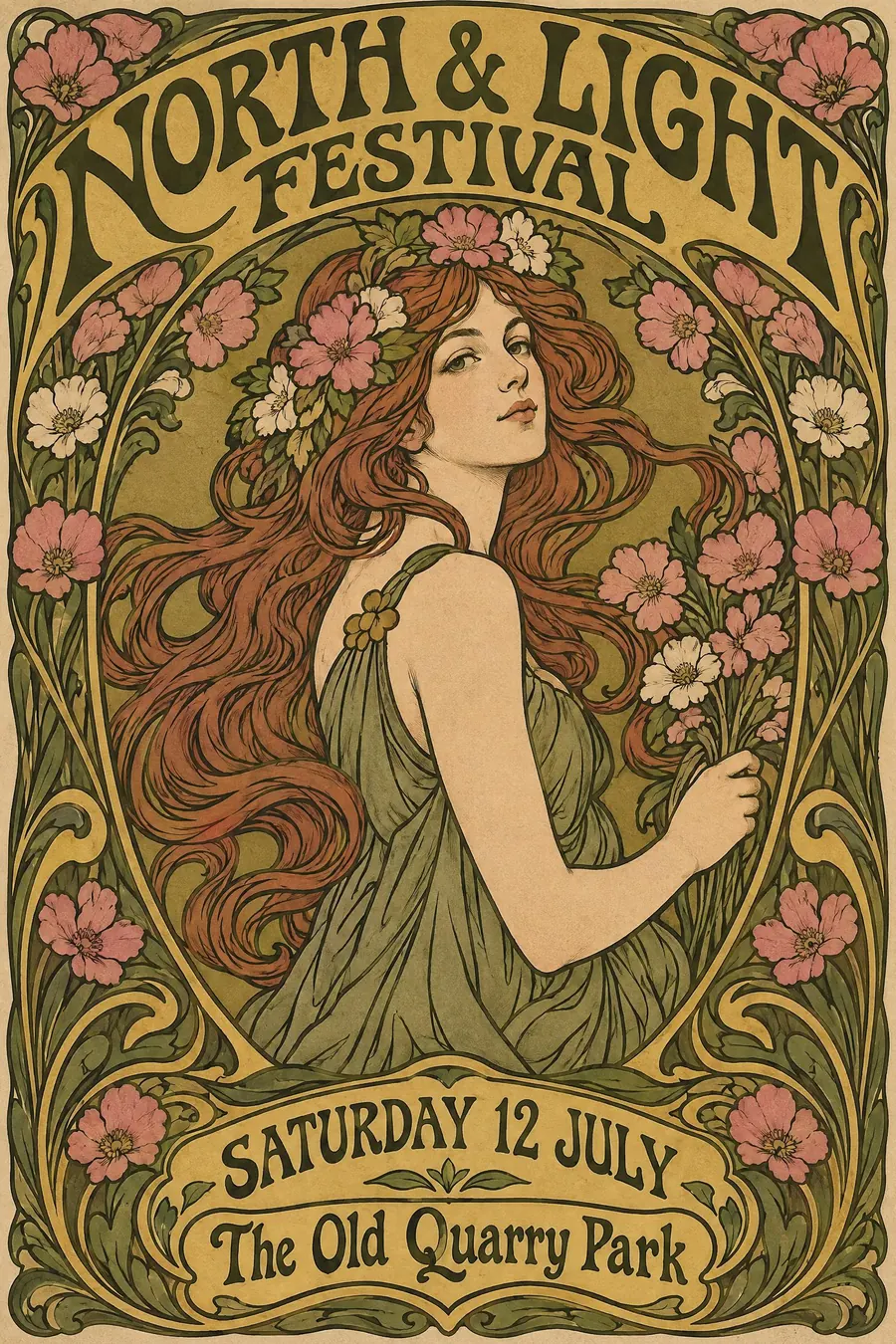 Art Nouveau: Whiplash curves, a woman with long hair, and lettering bent to follow the line.