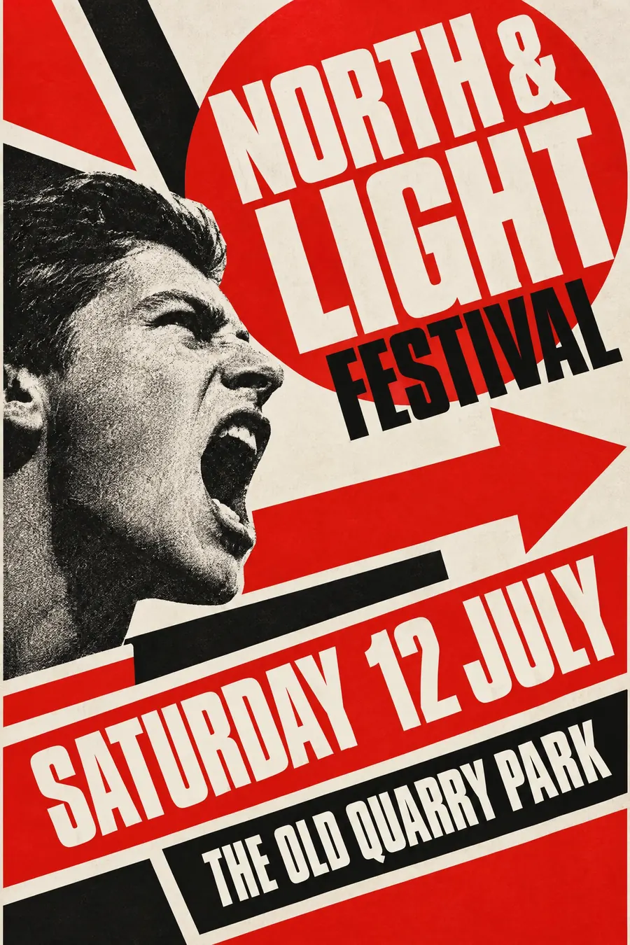 Constructivism: Hard diagonals, red and black, photomontage, and type set at an angle.
