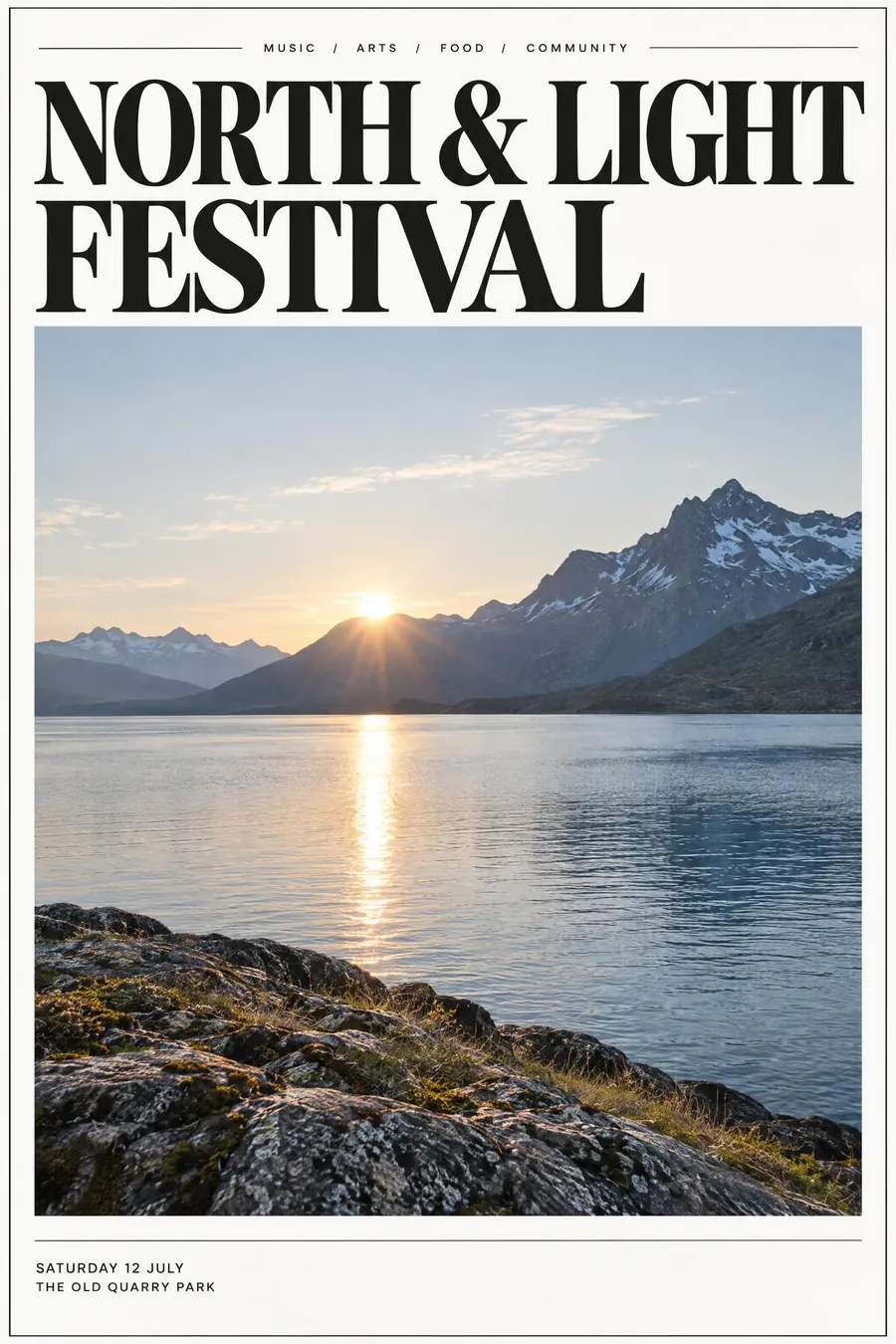Contemporary Editorial: A big elegant serif headline, one full-bleed photograph, and a lot of air.