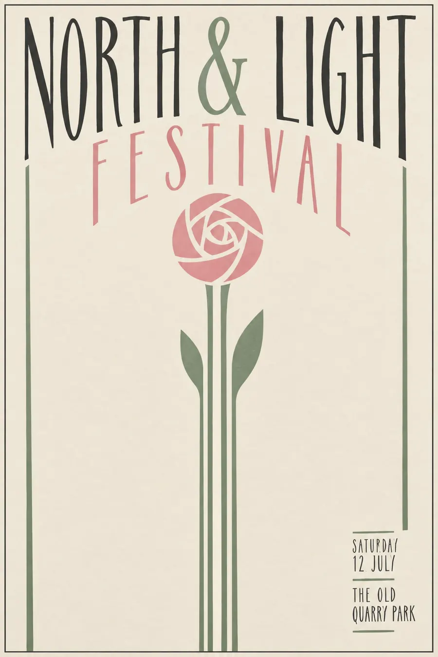 Glasgow Style: Tall thin verticals, a rose motif, and long stretched letterforms in a pale palette.