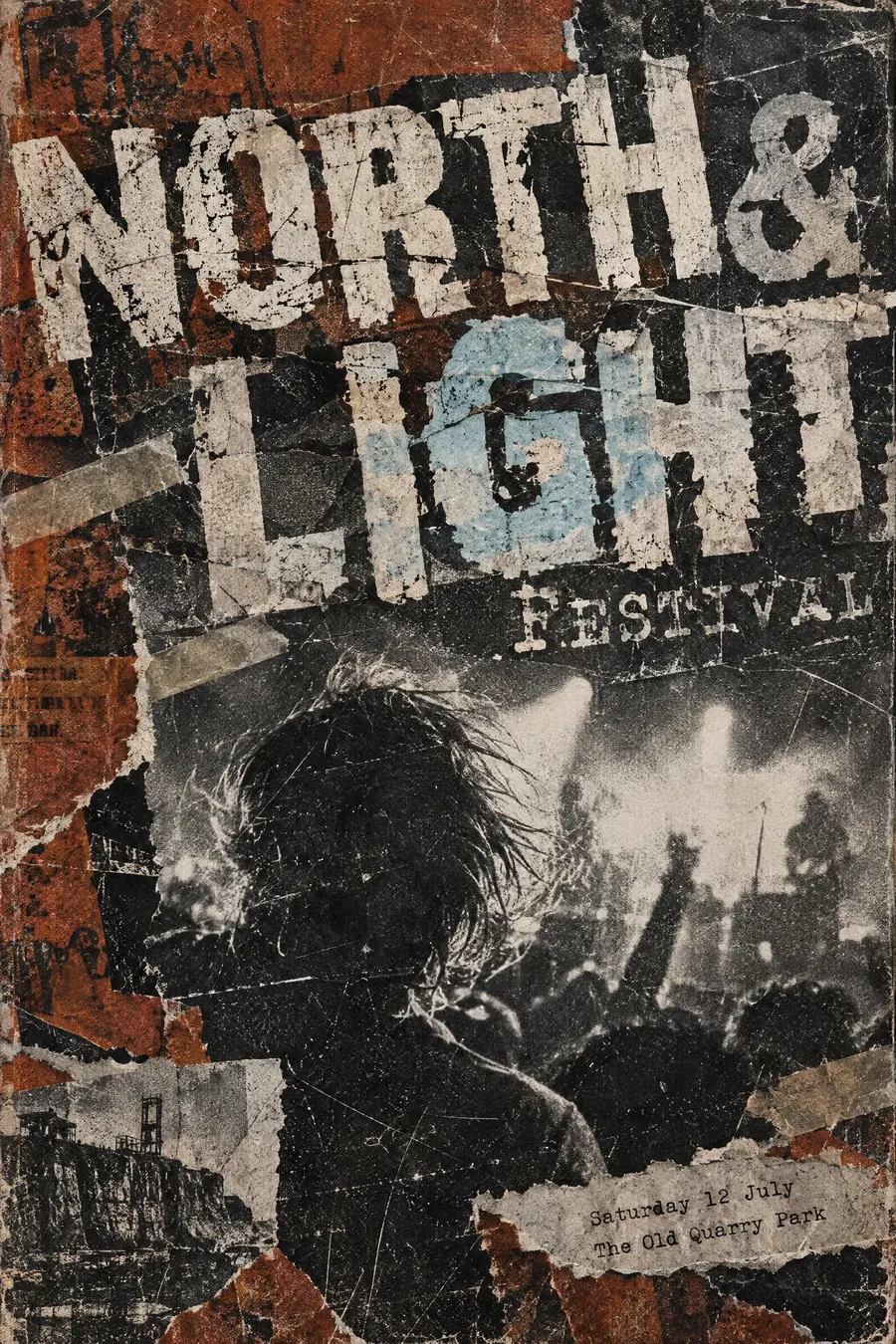 Grunge Typography: Layered dirt, damaged letterforms and text that fights the image.