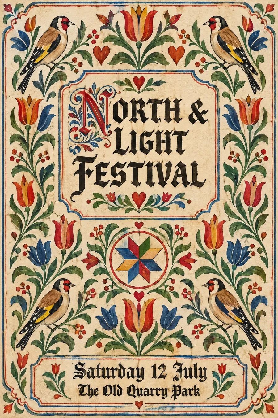 Pennsylvania Dutch: Symmetrical folk motifs, hex stars and blackletter, drawn as a hand-illuminated certificate.