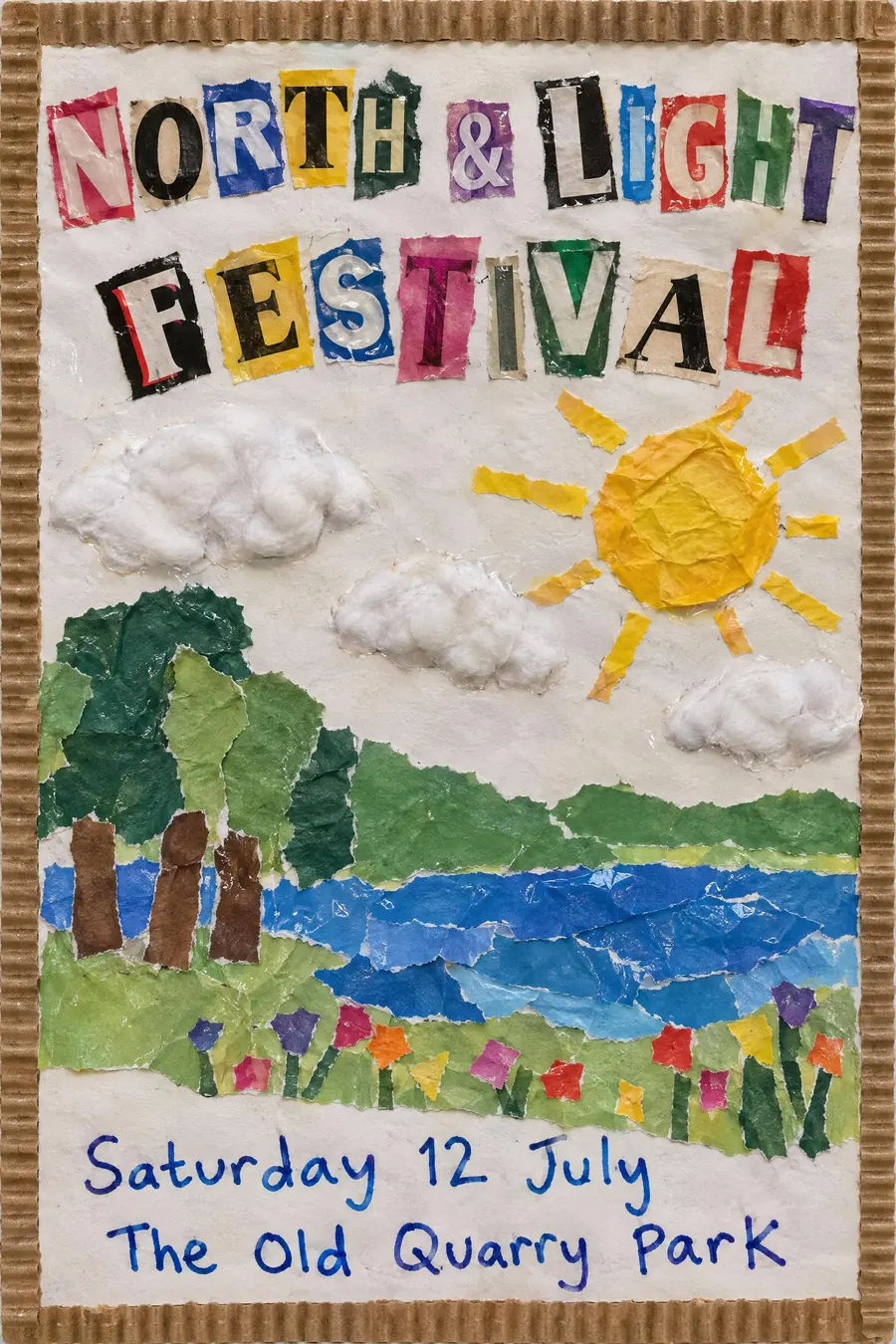 School Cutout Collage: Torn sugar paper stuck down with visible glue, cotton wool clouds and wonky letters.