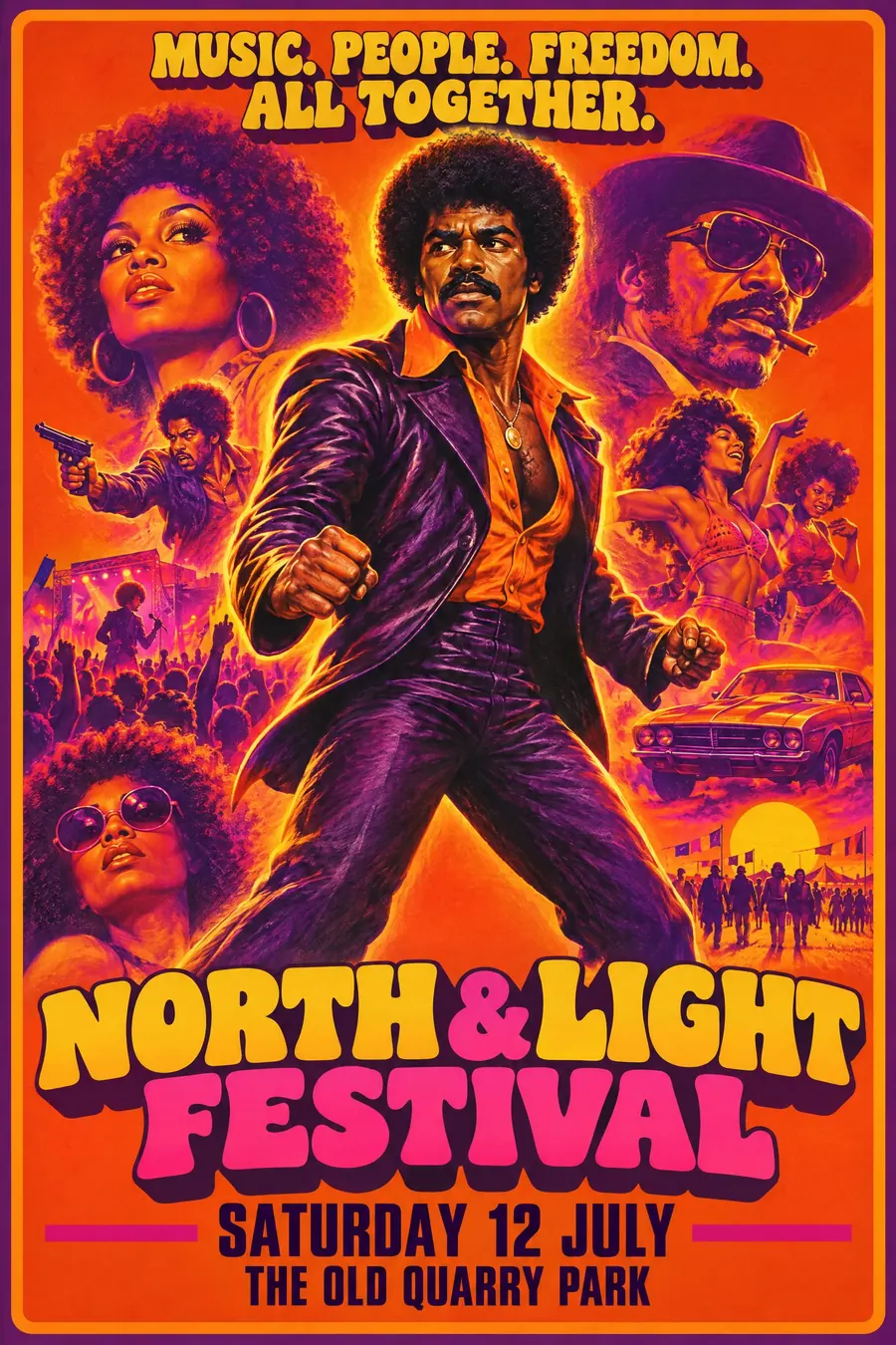 Blaxploitation Movie Poster: A painted hero in a dynamic pose, hot funk colours, and a tagline in chunky 70s type.