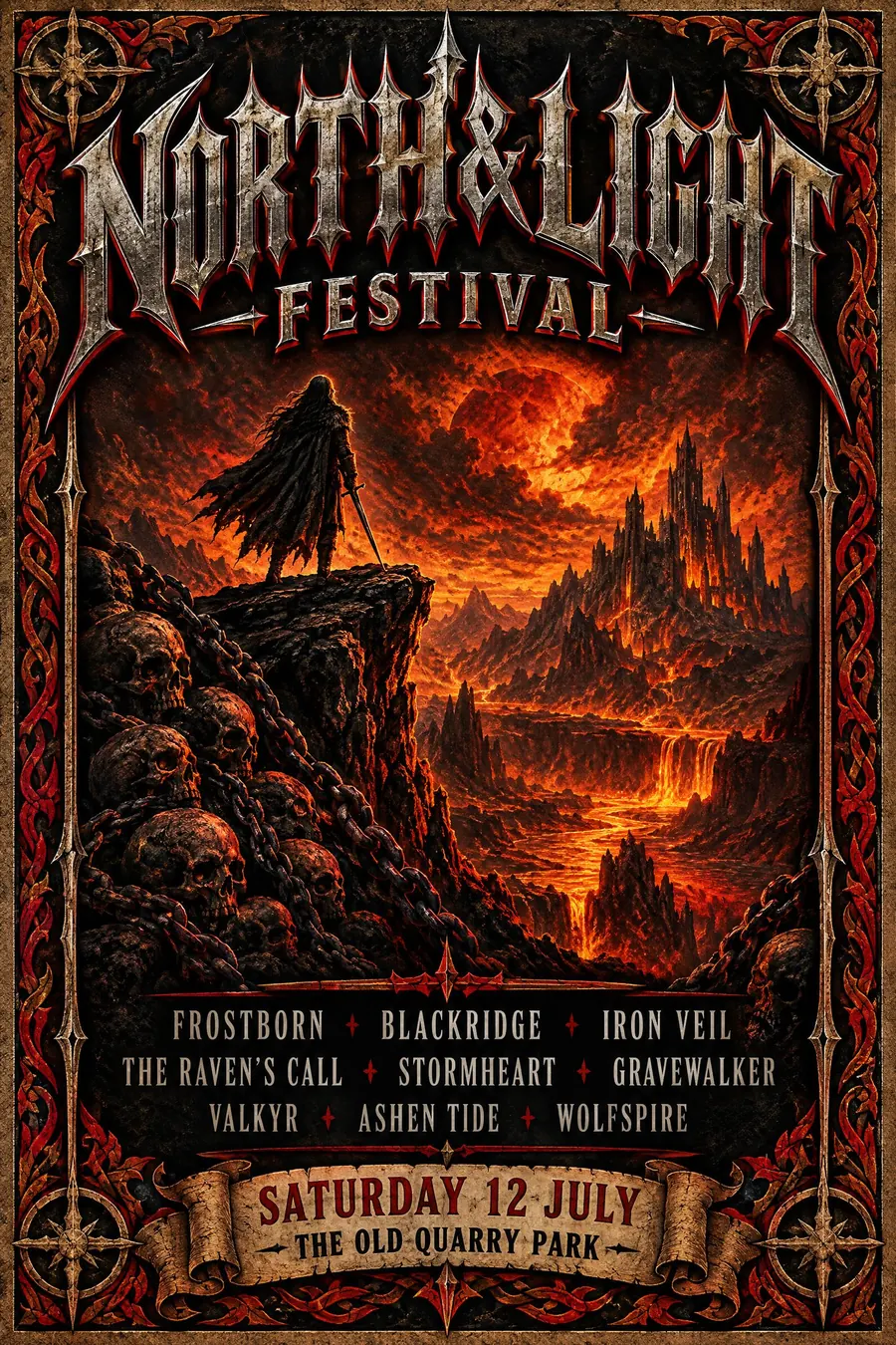 Heavy Metal Concert Poster: One airbrushed apocalypse, a spiked blackletter logo, and everything in shades of black.
