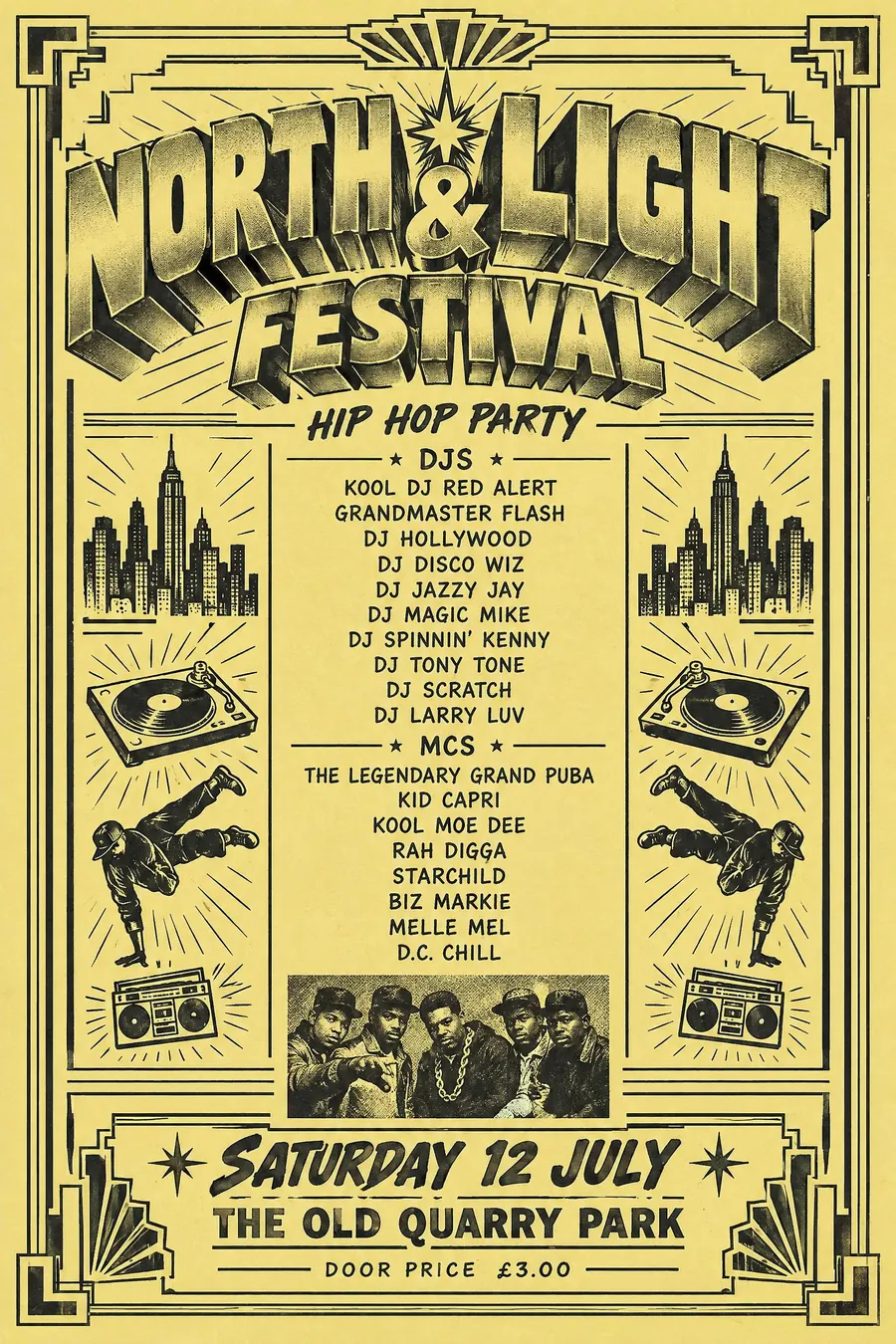 80s NYC Hip Hop Flyer: Hand-drawn symmetrical borders, airbrushed display lettering, and a full bill in black and white.