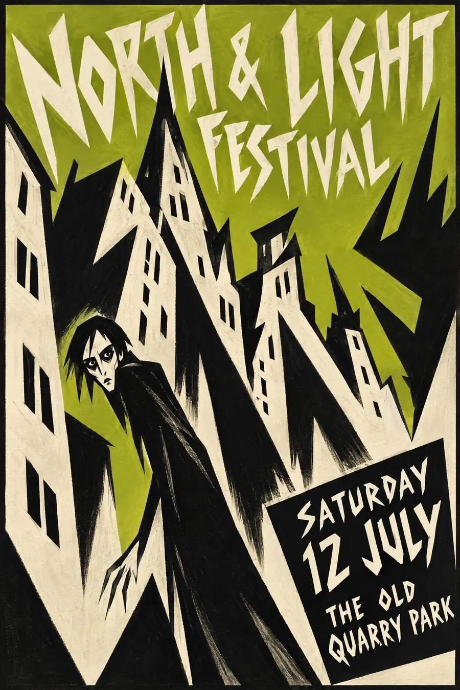 German Expressionist Film Poster: Buildings that lean, shadows painted onto the walls, and a figure stretched out of shape.