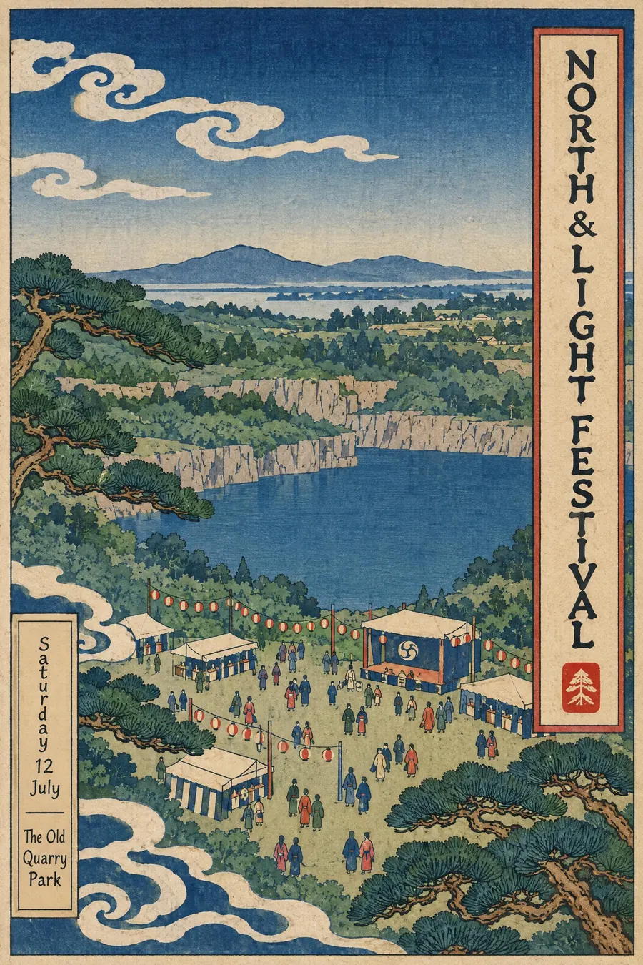 Ukiyo-e Woodblock: Flat colour behind a black keyblock line, printed on absorbent paper with visible wood grain.