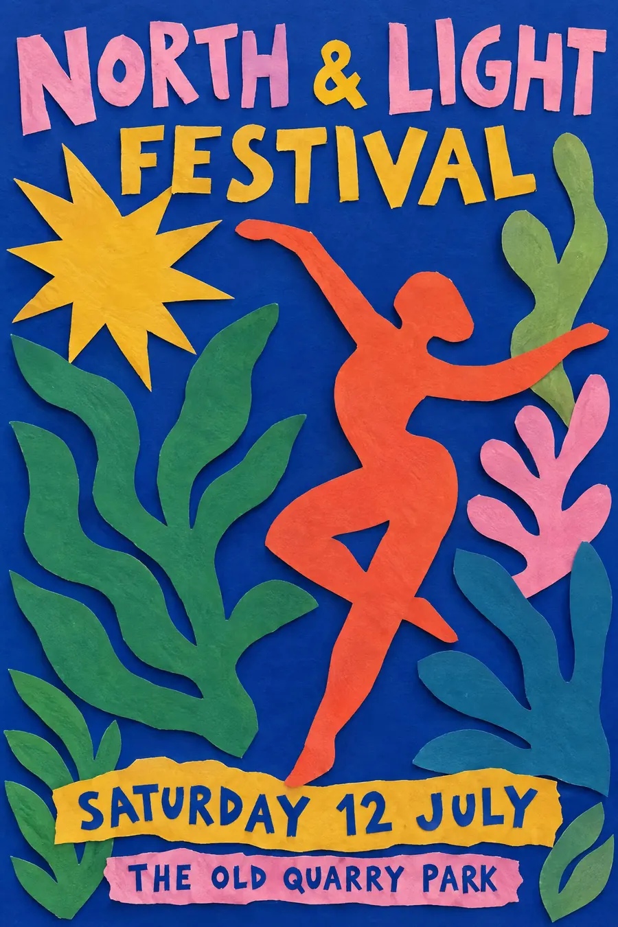 Cut Paper: Organic shapes cut with scissors, laid flat on colour, with the scissor marks left in.