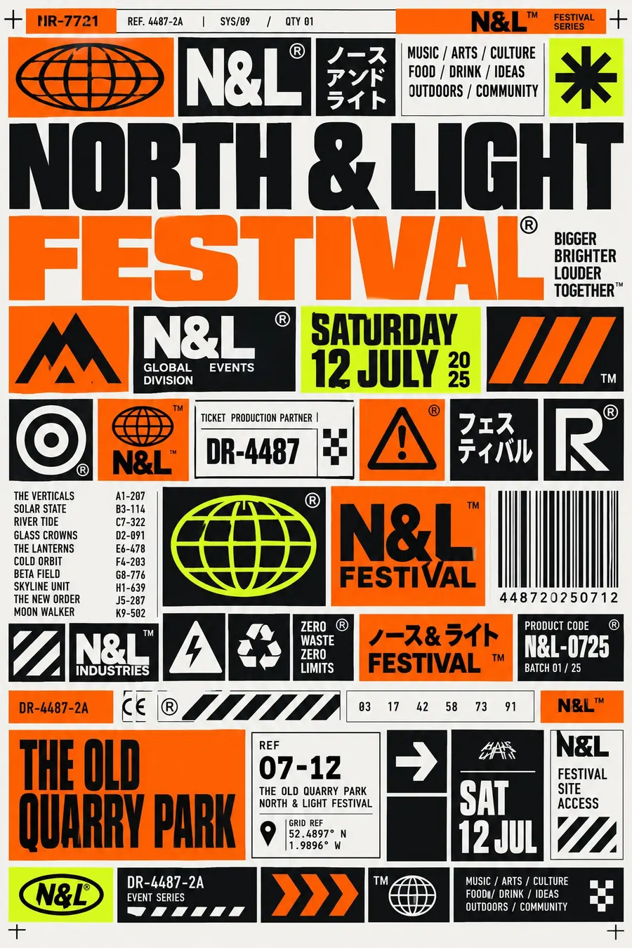 Designers Republic: Fake corporate marks, warning symbols, numbers and Japanese text, all with no meaning.