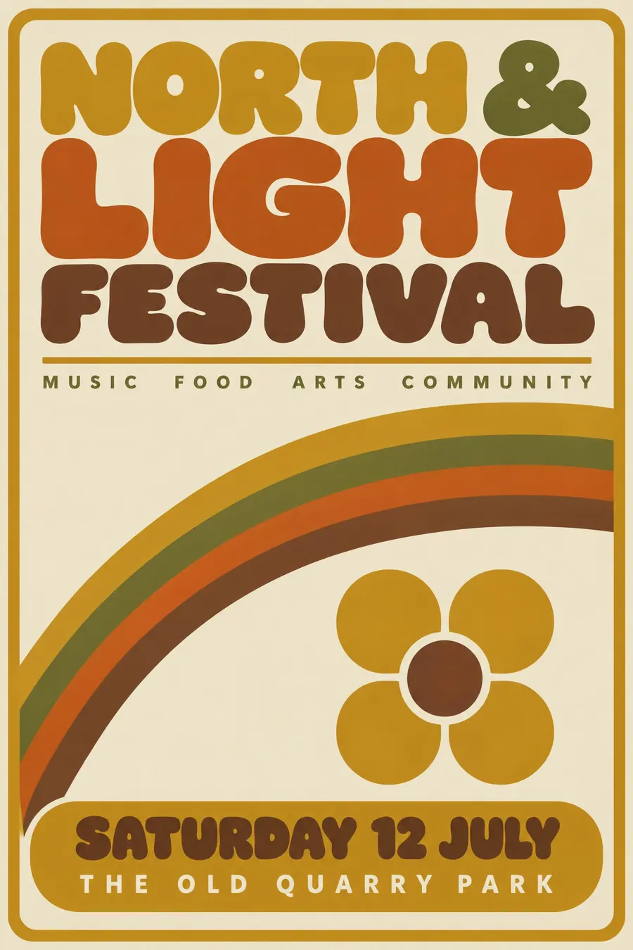 Psychedelic Seventies Corporate: Rainbow stripe arcs, bulbous bubble type and an earth-tone palette from a brochure.