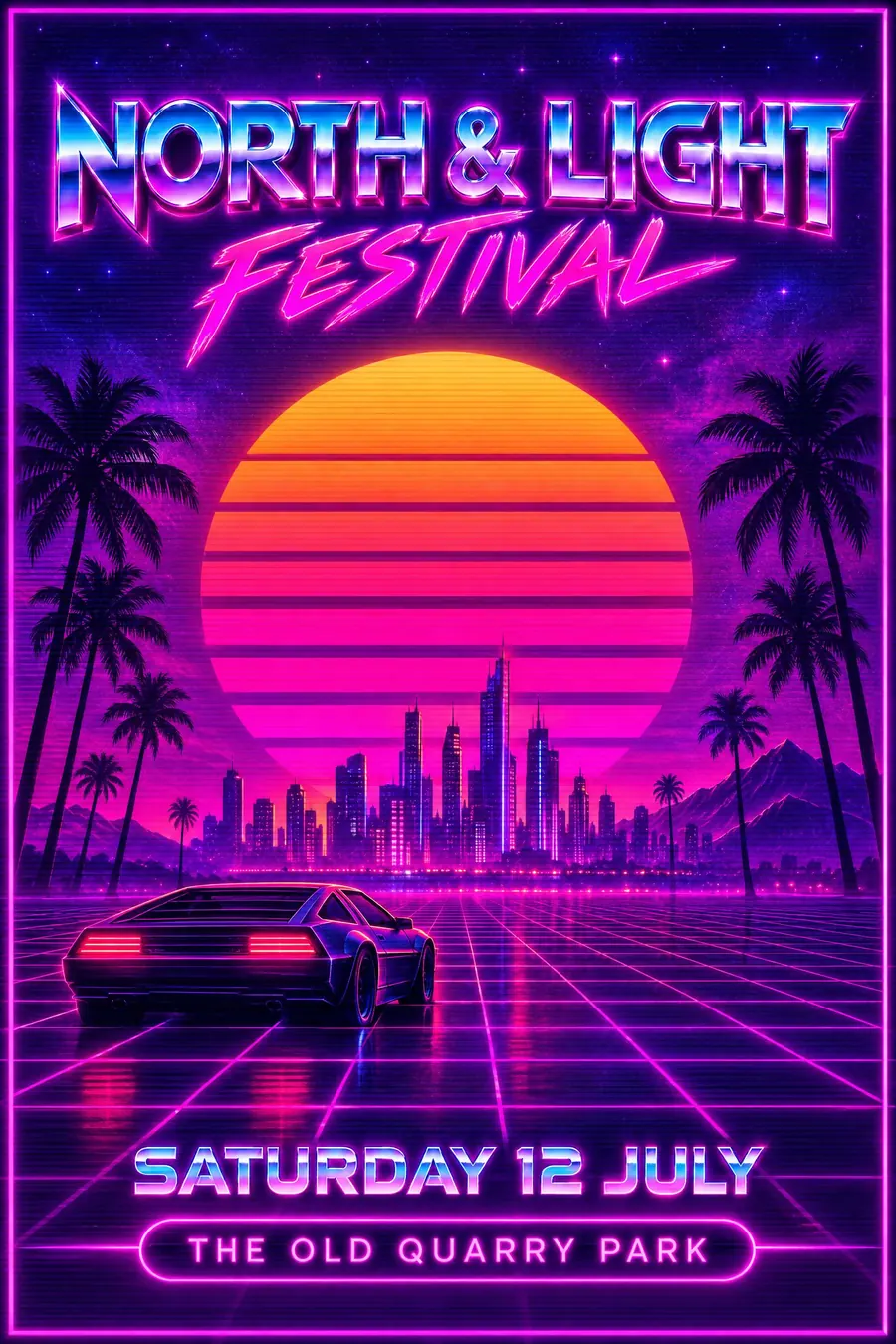 Synthwave: A neon grid running to a striped sunset, chrome type, and a purple sky full of haze.