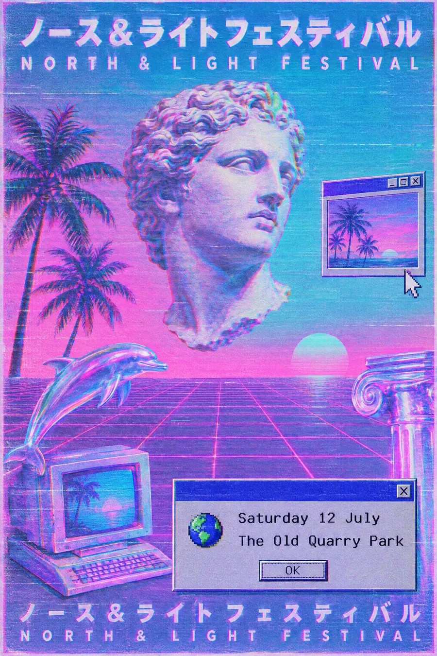 Vaporwave: A Greek bust, a pink and cyan grid, Japanese text and the melancholy of a dead shopping mall.