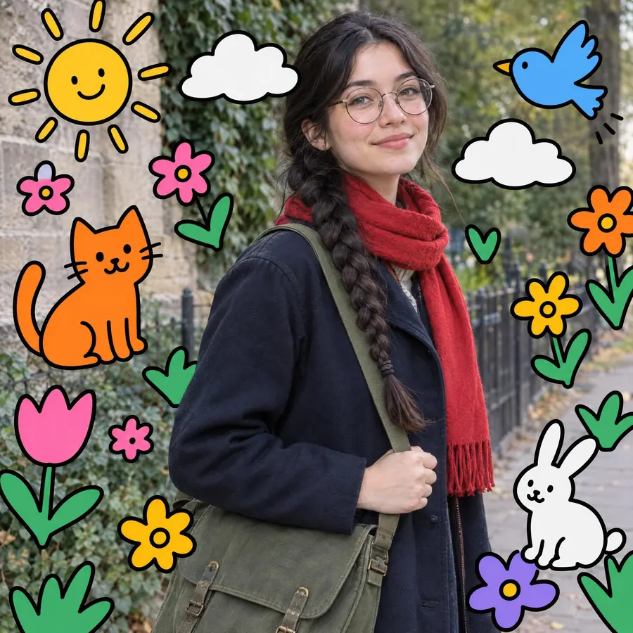 Doodle Overlay: Flat cartoon marks drawn over a real photograph, with neither layer pretending to be the other.