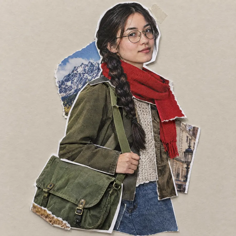 Photo Collage: Photographs cut out and layered on a surface, with the cut edge left visible.