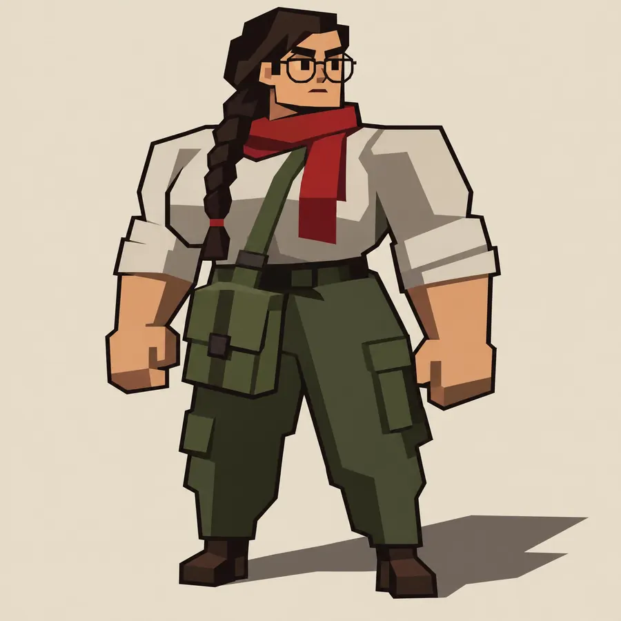 Blocky Build: A figure built from squares and rectangles, with a heavy silhouette and no curves.