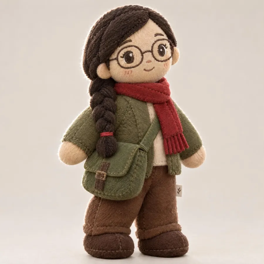 Plush: A character rebuilt as a sewn and stuffed toy, with seams where the panels meet.