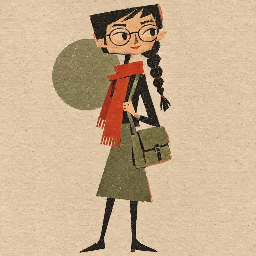 Cartoon Modern: Flat angular shapes on textured paper, with the drawing pulled apart from the colour.