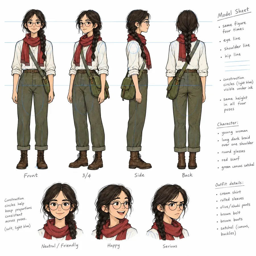 Model Sheet: One character drawn several times on one page, so anybody else can draw it the same way.