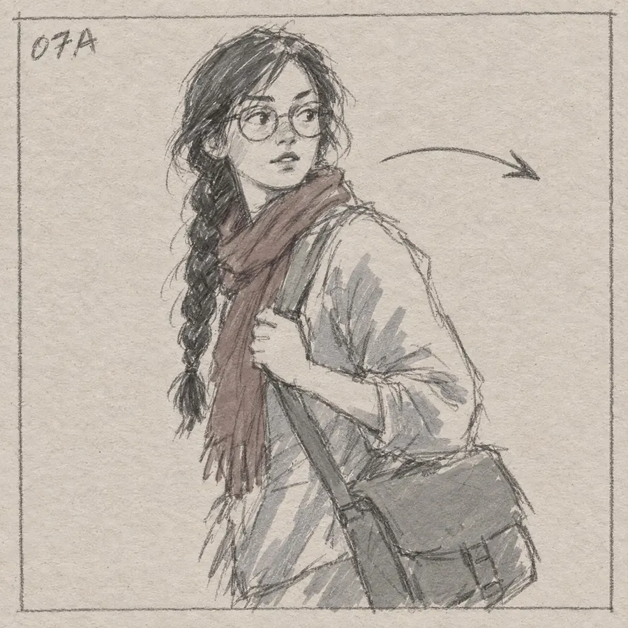 Storyboard Frame: A quick rough drawing made to test a shot, with the marks that explain it left on.