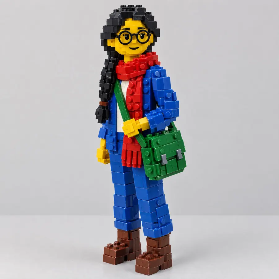 Brick Built: A figure built entirely from interlocking plastic bricks, studs and all.