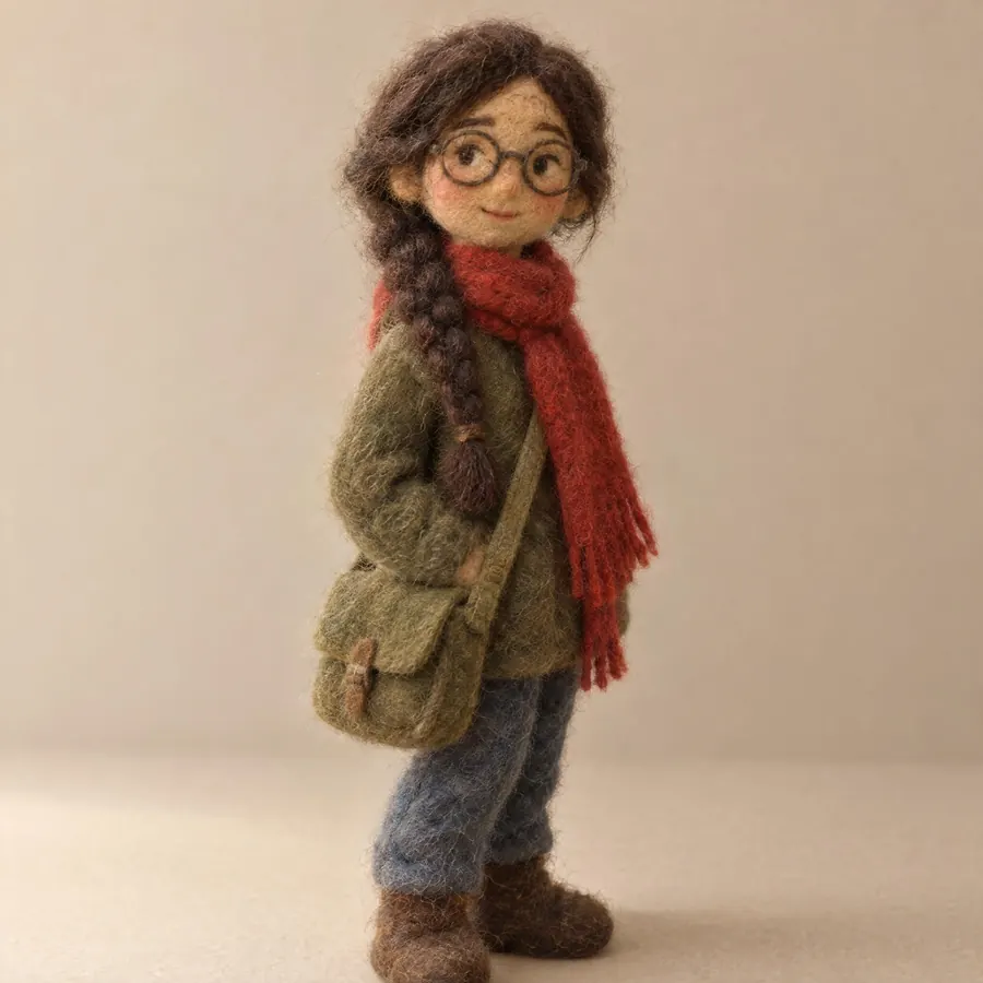 Needle Felt: Loose wool stabbed into shape, so every surface is soft and slightly hairy.