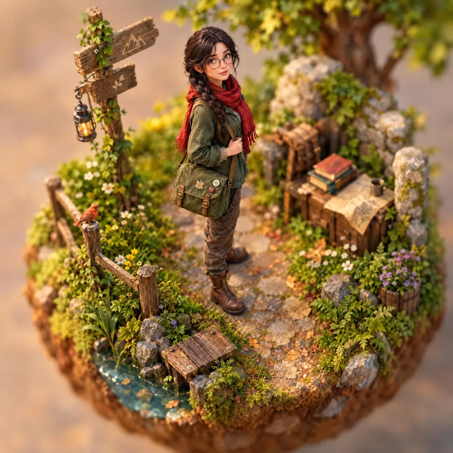 Diorama Render: A tiny complete world on a base, shot as though it were a real model on a table.