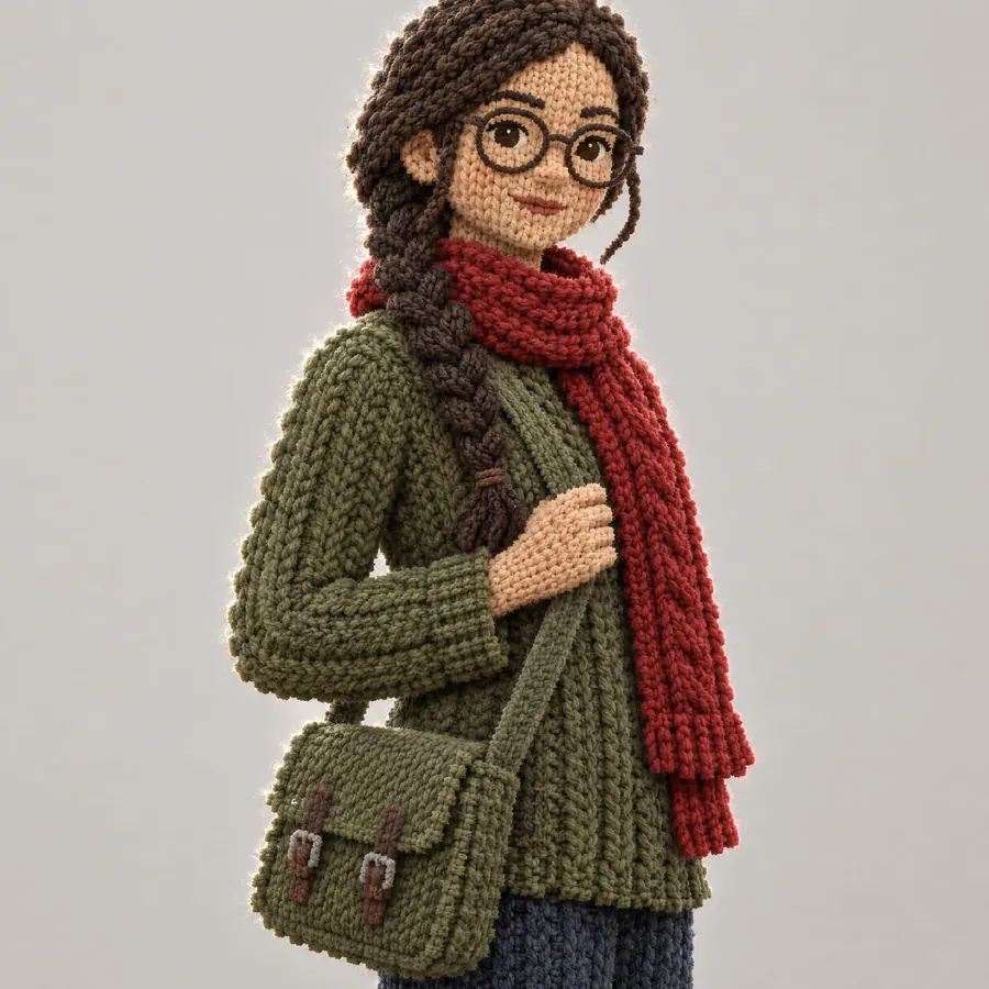 Knitted: A surface of interlocking loops, so every form is stepped by the stitch grid.