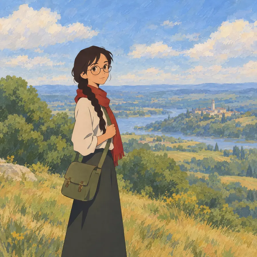 Painted Gouache Background: A flat cel character standing in a fully painted world, with the two made differently.
