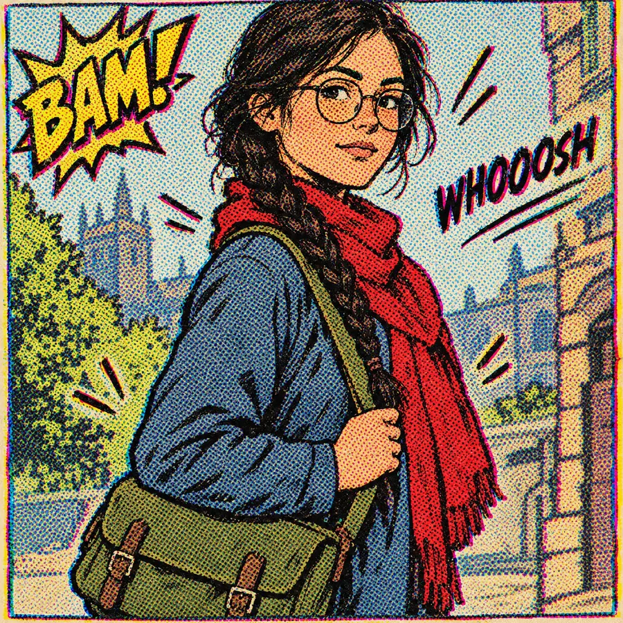 Sprayed Halftone Comic: A 3D render treated as cheap comic printing: dot screens, misregistration and ink lines.