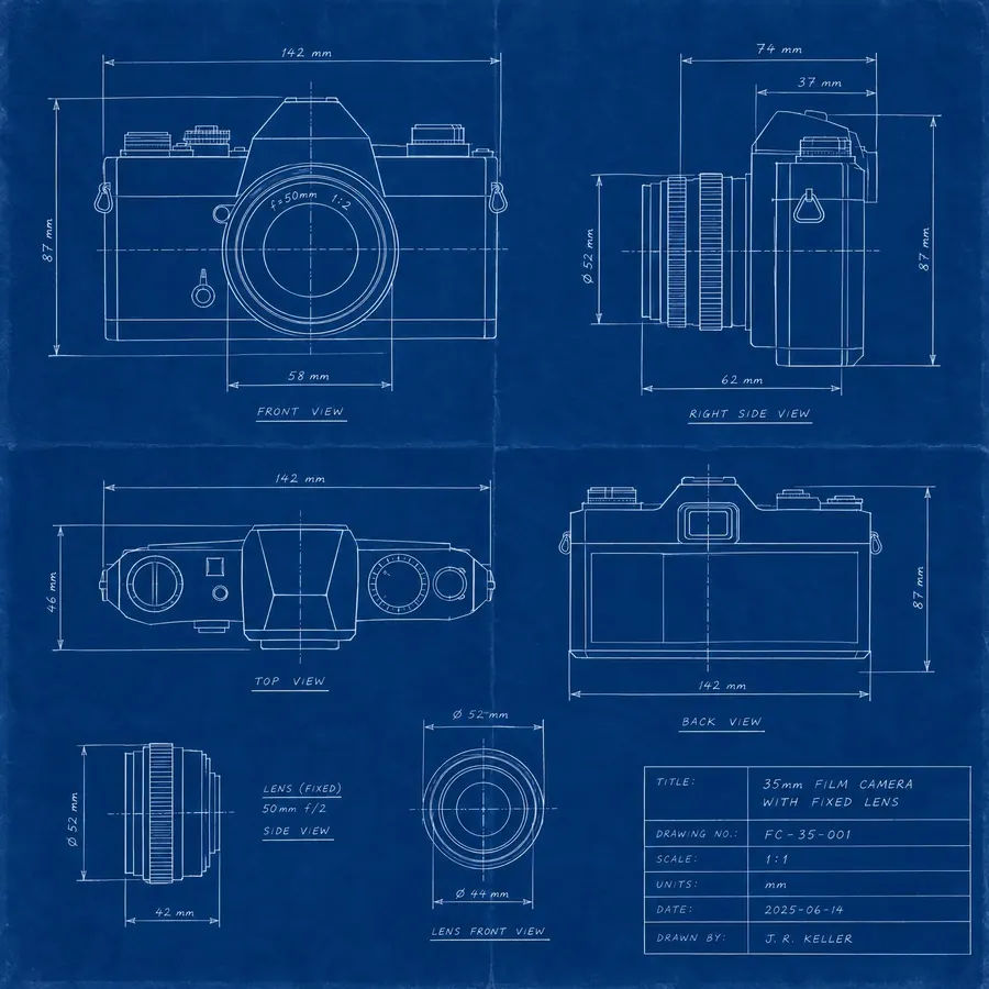 Blueprint: White line on a deep cyan ground, with no shading and no colour anywhere else.