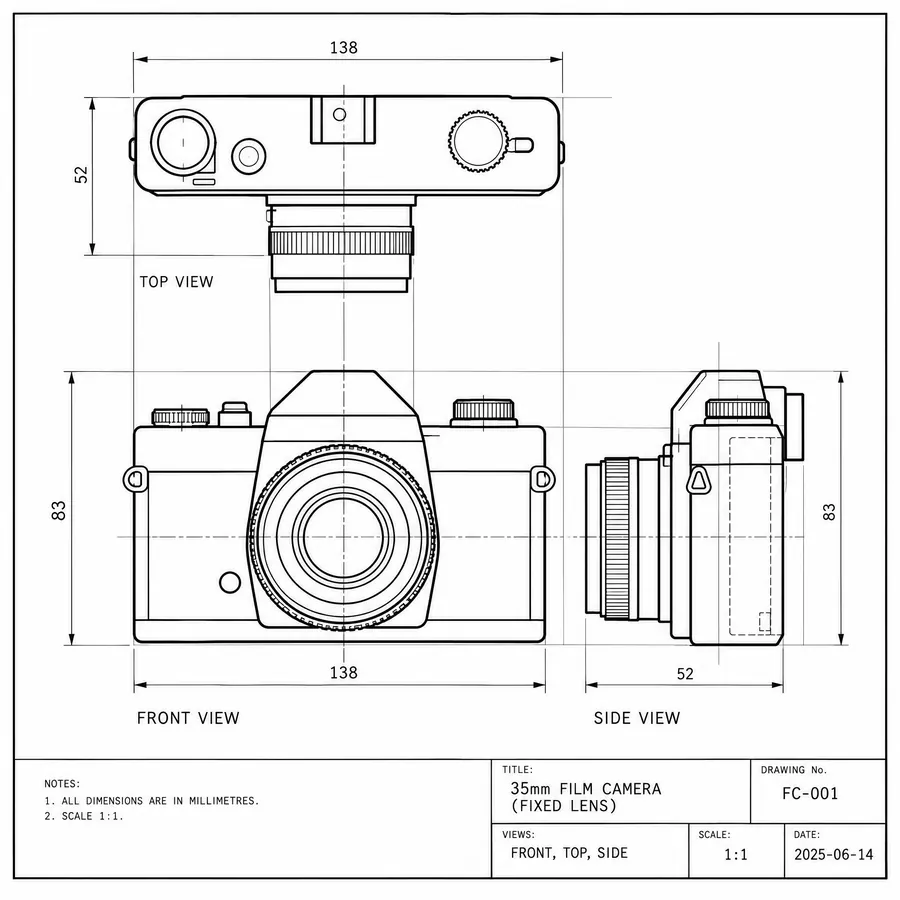 Orthographic Projection: The same thing drawn from front, top and side at one scale, with no perspective at all.