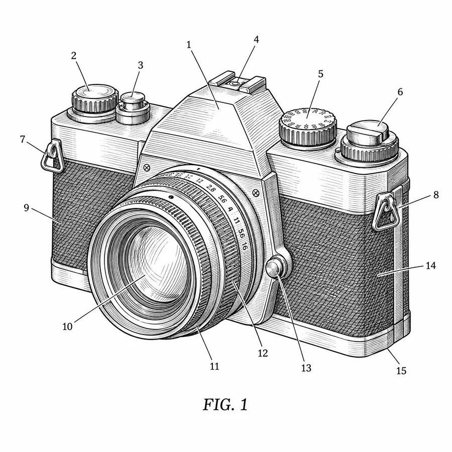 Patent Drawing: Ink line with hatched shading, every part numbered, and no colour at all.